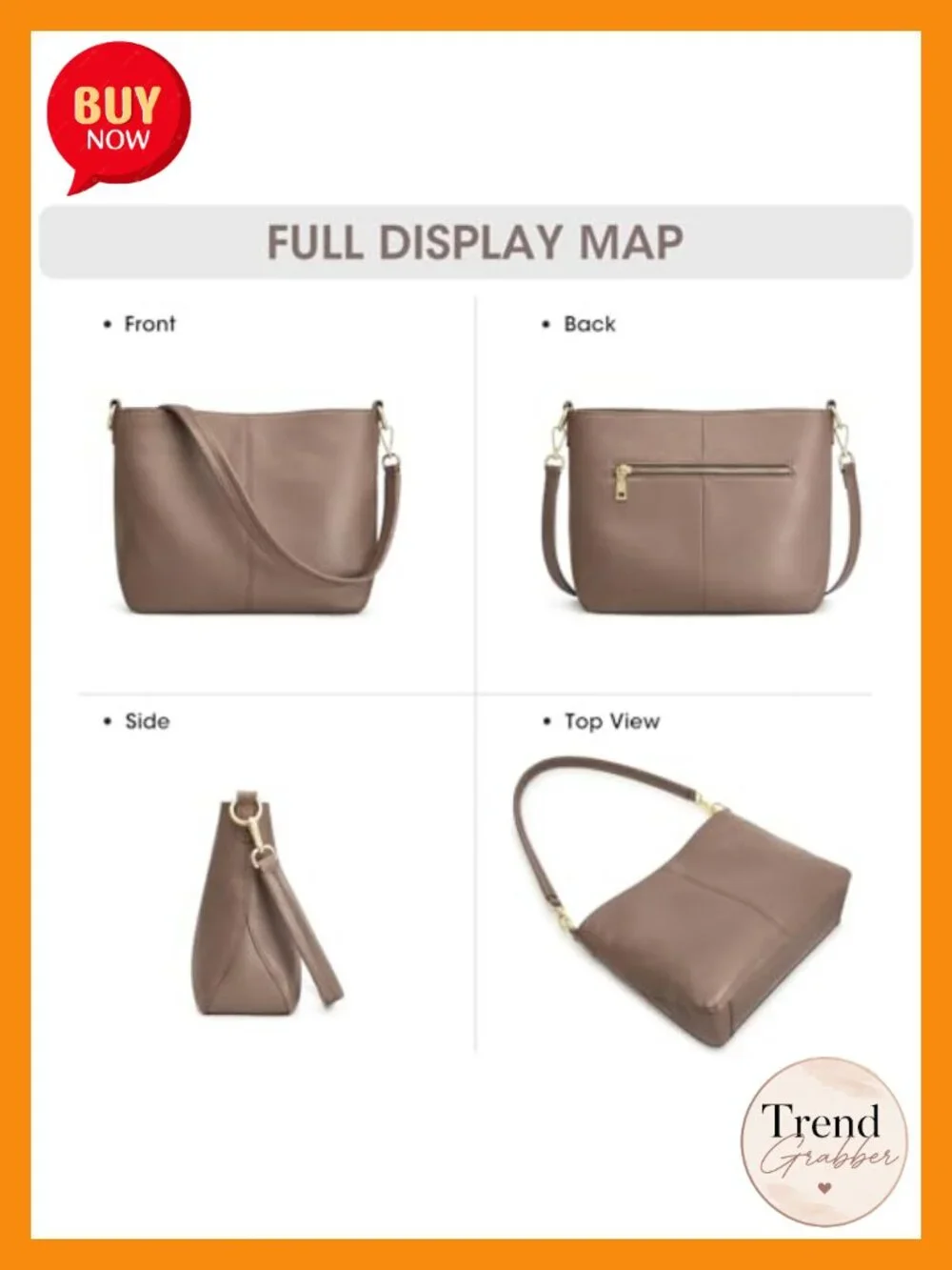 Top Grain Pebbled Cowhide Leather Crossbody Hobo Bag with 2 Straps